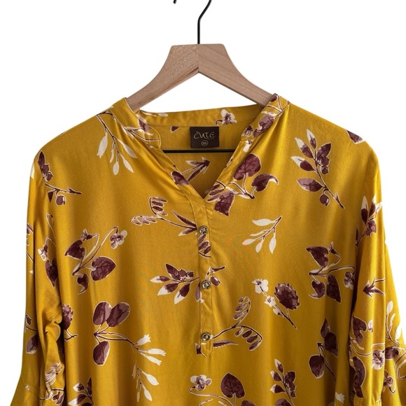 Mustard Yellow Floral Popover Blouse Tunic Ruffle Sleeves Peasant Bohemian XXL - Picture 2 of 16